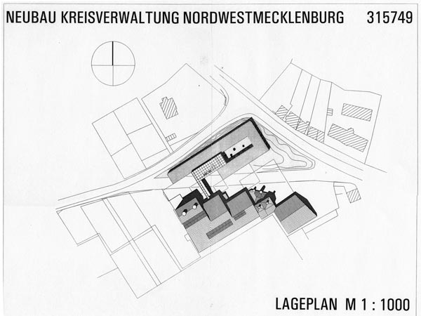 Plan 1 zu: NWM. Wettbewerb „Neubau Kreisverwaltung Nordwestmecklenburg“, Grevesmühlen, 1998, Architekt: Jo Sollich