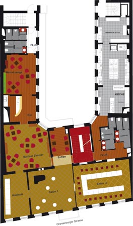 Plan 1 zu: ORA. Salonetage, Koch-Club und Boarding-Appartements im Kunsthof - Umbau des ehemaligen Restaurants "Adermann" zu einer Salonetage, Einrichtung von Profiküchen im Souterrain für einen Koch-Club, Ausbau von 11 Wohnungen zu Boarding-Appartements, Berlin-Mitte, 2002-2003, Architekt: Jo Sollich
