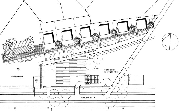 Plan 1 zu: PBN. Stadtvillen am "Paulinenauer Bahnhof" - städtebauliche Nachverdichtung des ehemaligen Bahnhofsgeländes mit sechs Stadtvillen, Neuruppin, 1995, Architekt: Jo Sollich