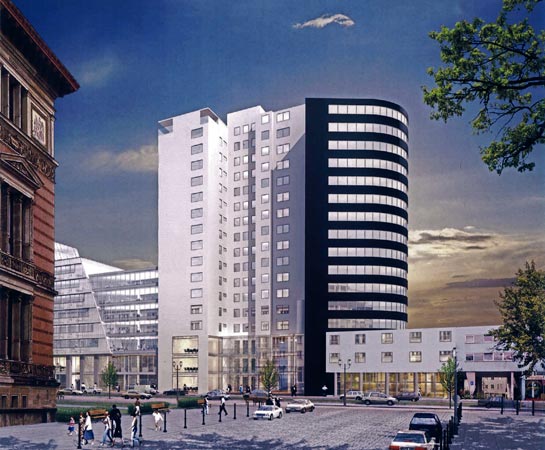 Plan 1 zu: SMS. Umbau eines Wohnhochhauses zu einem Hotel - Studie zur Umnutzung eines Hochhauses aus den 1960er-Jahren mit einem Bürohochhaus aus den 1990er-Jahren zu einem Hotel mit 240 Zimmern und Boarding-Appartements einschließich Aufstockung und Kernsanierung, Berlin-Kreuzberg, 2002-2003, Architekt: Jo Sollich