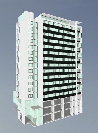 Plan 2 zu: SMS. Umbau eines Wohnhochhauses zu einem Hotel - Studie zur Umnutzung eines Hochhauses aus den 1960er-Jahren mit einem Bürohochhaus aus den 1990er-Jahren zu einem Hotel mit 240 Zimmern und Boarding-Appartements einschließich Aufstockung und Kernsanierung, Berlin-Kreuzberg, 2002-2003, Architekt: Jo Sollich