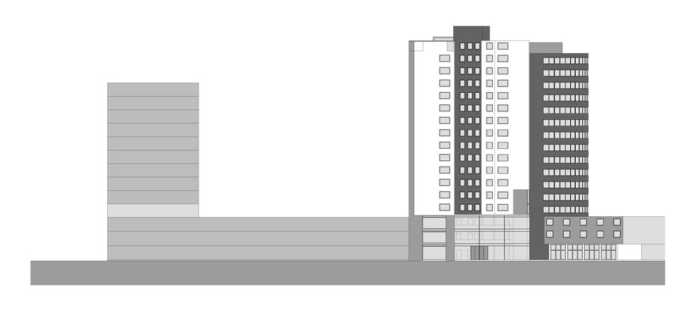 Plan 3 zu: SMS. Umbau eines Wohnhochhauses zu einem Hotel - Studie zur Umnutzung eines Hochhauses aus den 1960er-Jahren mit einem Bürohochhaus aus den 1990er-Jahren zu einem Hotel mit 240 Zimmern und Boarding-Appartements einschließich Aufstockung und Kernsanierung, Berlin-Kreuzberg, 2002-2003, Architekt: Jo Sollich