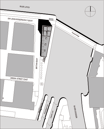 Plan 1 zu: U2D. U 2-Landmark Tower - Wettbewerb für den Neubau eines Landmark Towers im Hafengebiet Dublins mit Studio-Räumen für die Band U2, 2003, Architekt: Jo Sollich