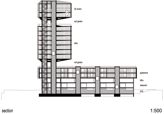Plan 3 zu: U2D. U 2-Landmark Tower - Wettbewerb für den Neubau eines Landmark Towers im Hafengebiet Dublins mit Studio-Räumen für die Band U2, 2003, Architekt: Jo Sollich